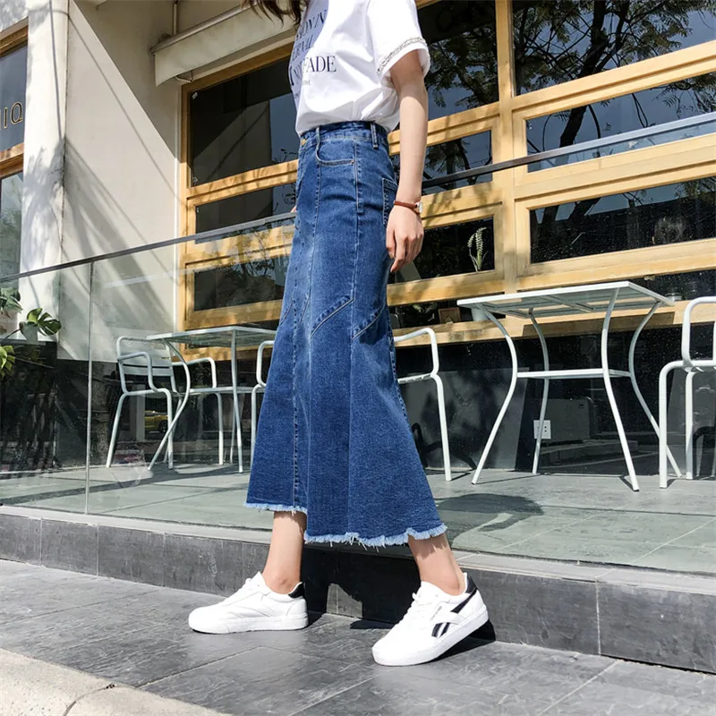 

New Arrival Fashion Super Large High Qaulity Dark Blue High Waist Fishtail Skirt Large Stretch Casual Mid-calf Plus Size 26 -40