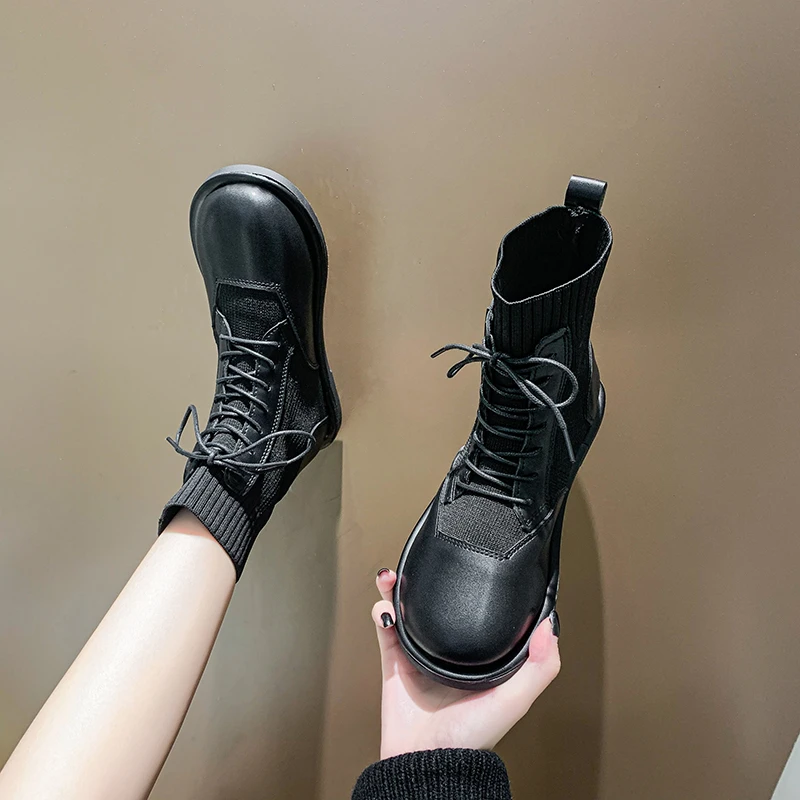 

Кожаные ботинки Martn, женские новые черные короткие ботинки на низком толстом каблуке в британском стиле на весну и осень, однотонные ботинки...