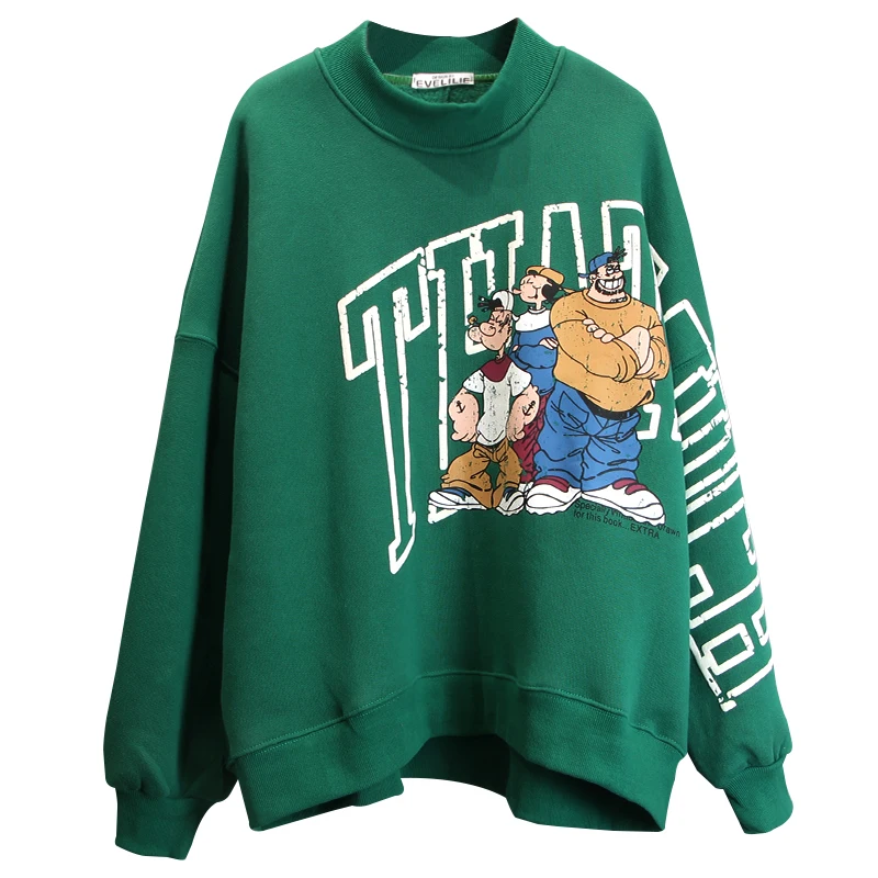 

2021 New Autumn Winter Thick Velvet Female Pullovers Top Oversize High Collar Cotton Hoodies Harajuku Cartoon Print Sweatshirts