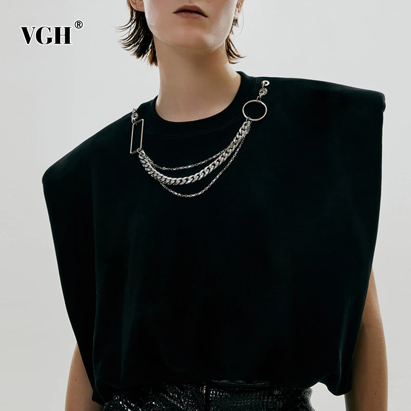 

VGH Casual Solid Patchwork Chain T Shirt For Women O Neck Sleeveless Korean Loose T Shirts Female New 2021 Fashion Clothes Style