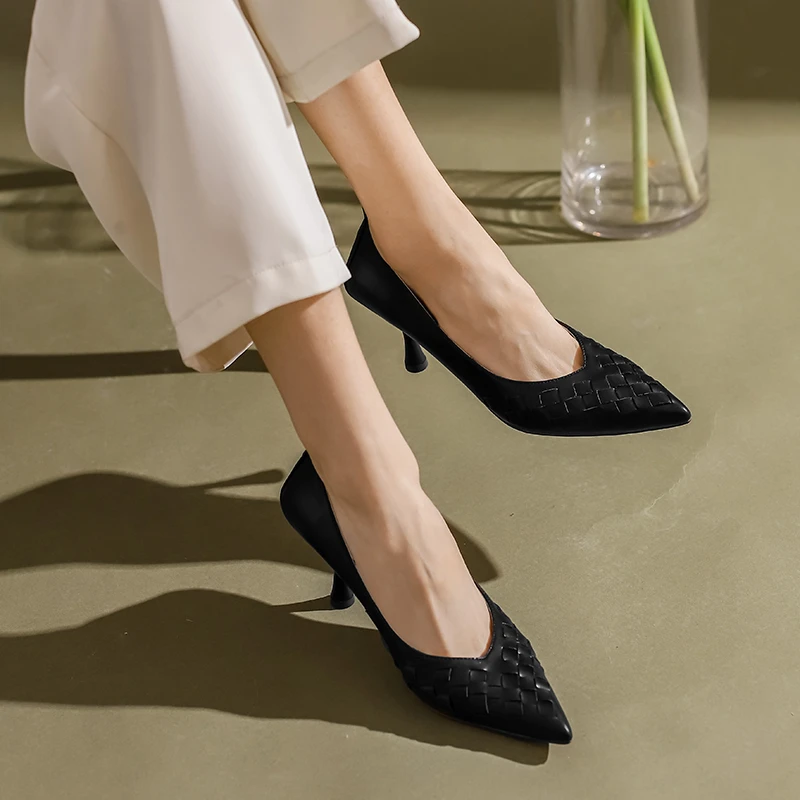 

VERCONAS Fashion Concise Women Pumps Spring Basic Casual Office Lady Genuine Leather High Heels Shoes Woman Pointed Toe Shallow