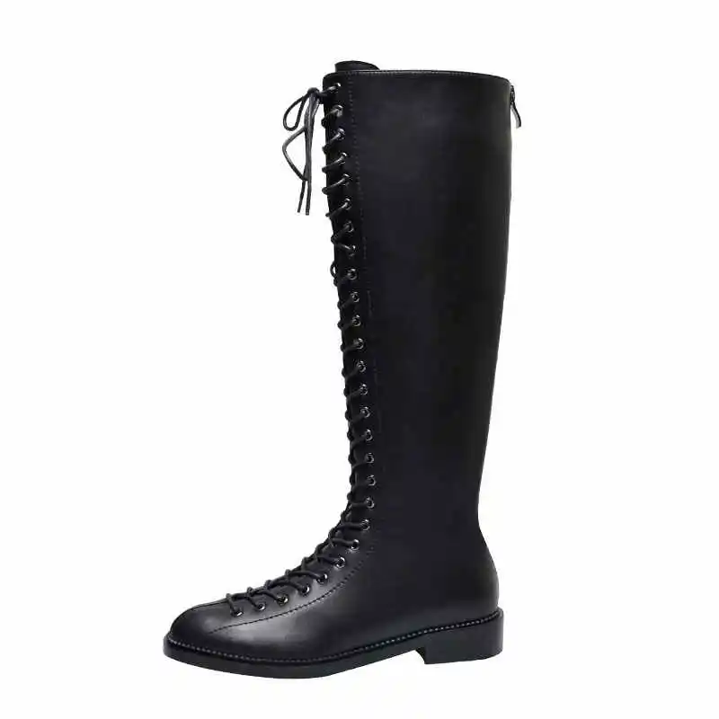 Jual Krazing Pot Bulat Toe Kulit Sapi Tetap Hangat Tebal Tumit Rendah Eropa Modern Streetwear Penuh Renda Naik Paha Tinggi Sepatu L37