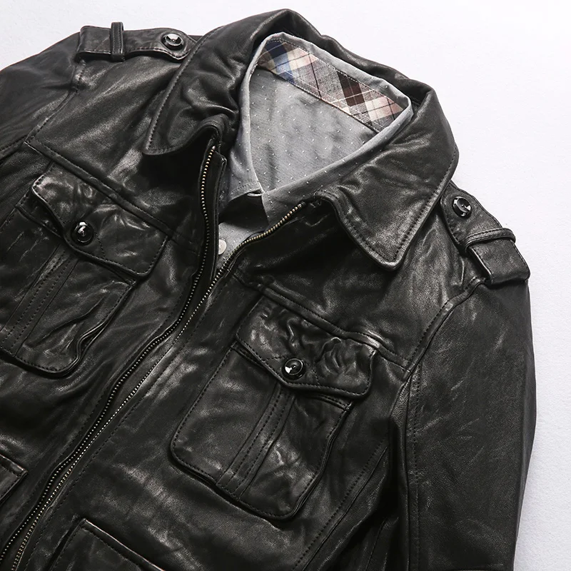 Мужская мотоциклетная куртка из козьей шкуры с карманами в стиле сафари черное