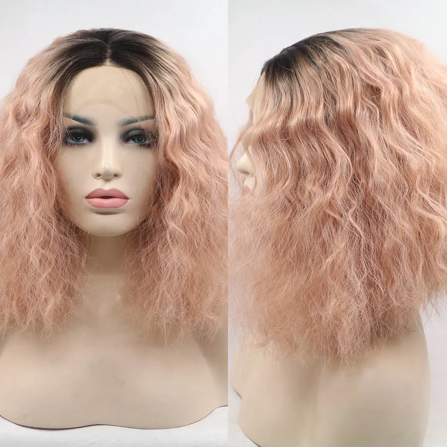 Оранжевые розовые короткие глубокие волны АФРО Синтетические волосы парики