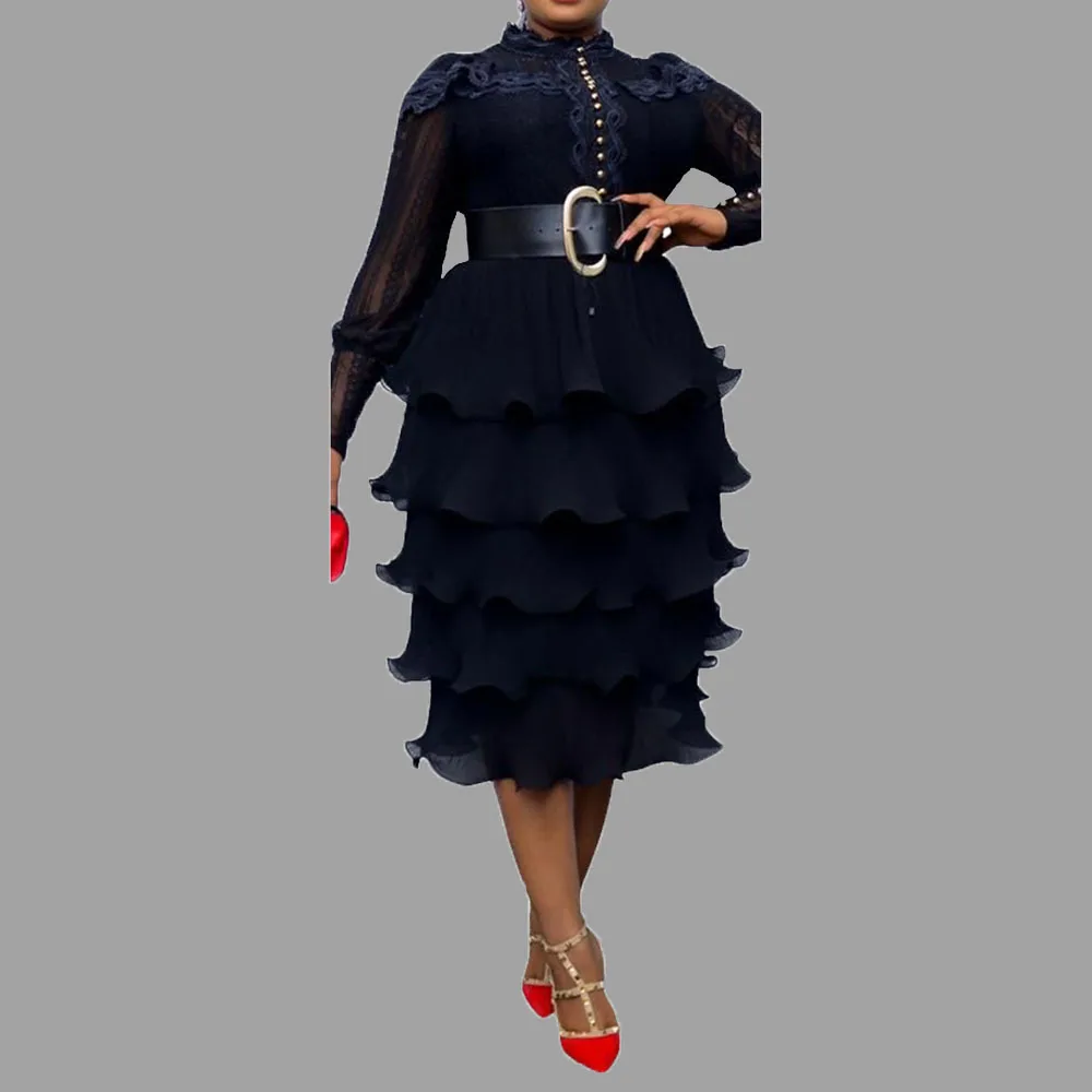 

Women Elegant Layered Black Lace Dress Vintage Autumn Long Sleeve Classy Office Ladies Retro Party Ruffle Midi Dresses Plus Size