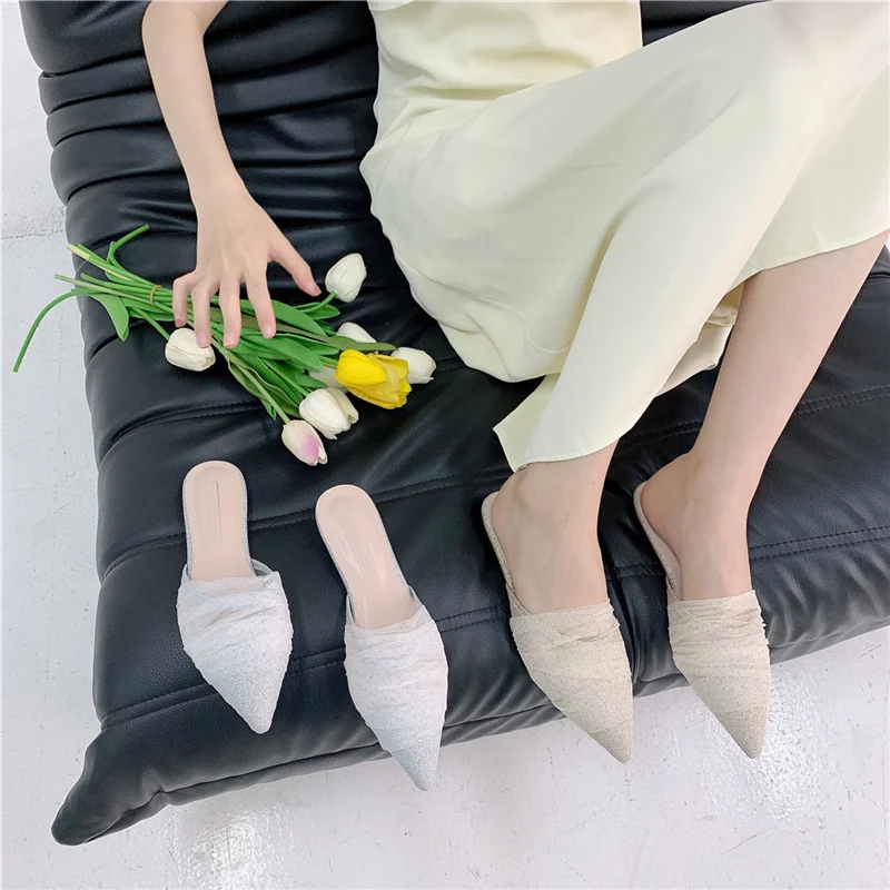 

2021 Spring/Summer New Pointed Flat Net Yarn Muller Baotou Half Drag Starry Fairy Sandals and Slippers