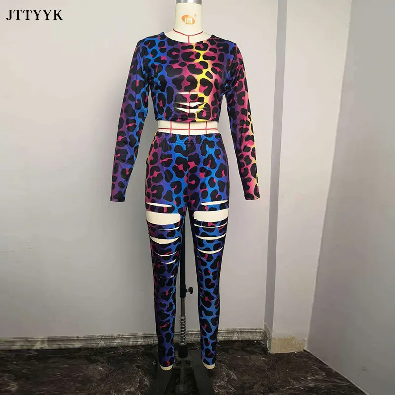 

2021 Spring Women Casual Suit Long-sleeve Stitching Leopard Print Trousers Two-piece Set Suit Women Fashion Sexy Hollow Suit