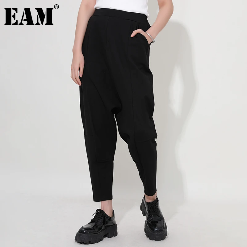 

[EAM] Короткие Длинные повседневные шаровары с высокой эластичной резинкой на талии, новые свободные брюки для женщин, модные весенне-осенние...