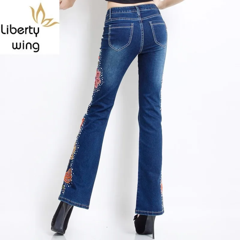 Top Quality Women Folk Floral Embroidery Skinny Long Wide Leg Denim Pants Slim Beading OL Sexy Push Up High Waist Jeans