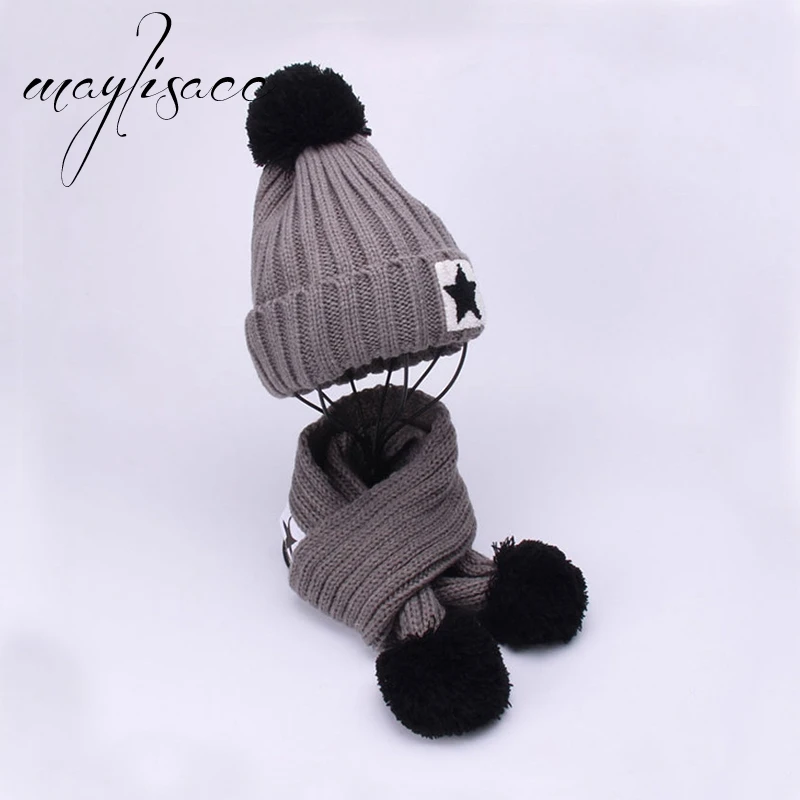 Maylisacc 7 цветов зима теплая вязаная шапка Кепки с шарфами утолщенной шерсть для 3 до