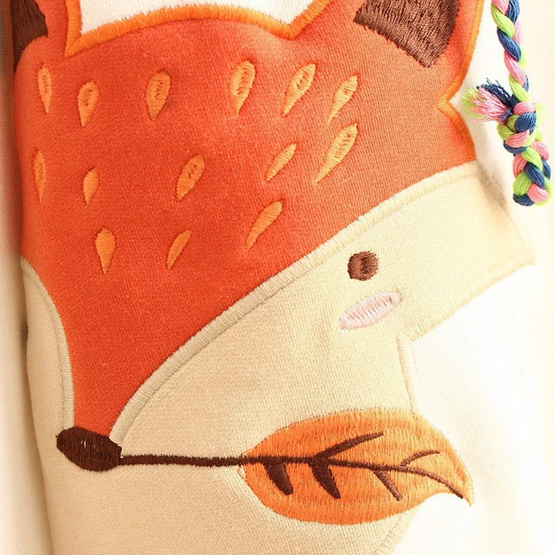 

Autumn Cute Fox Embroidered Hooded Sweatshirt Women Clothing Pullovers Plus Velvet Patchwork Female Sweet Thick Warm Hoodies