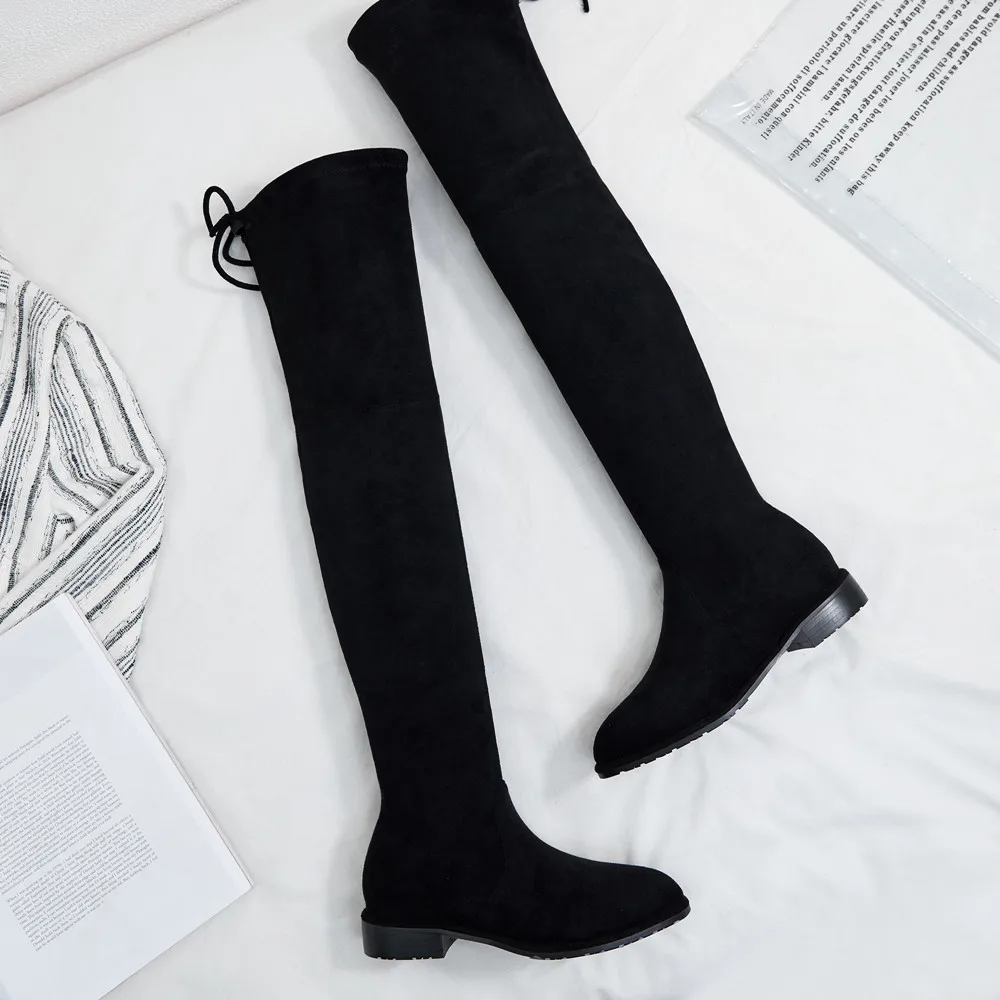 

Women's stretch flock slip-on thick high heel winter black slim over the knee boots round toe warm plush long boots shoes women