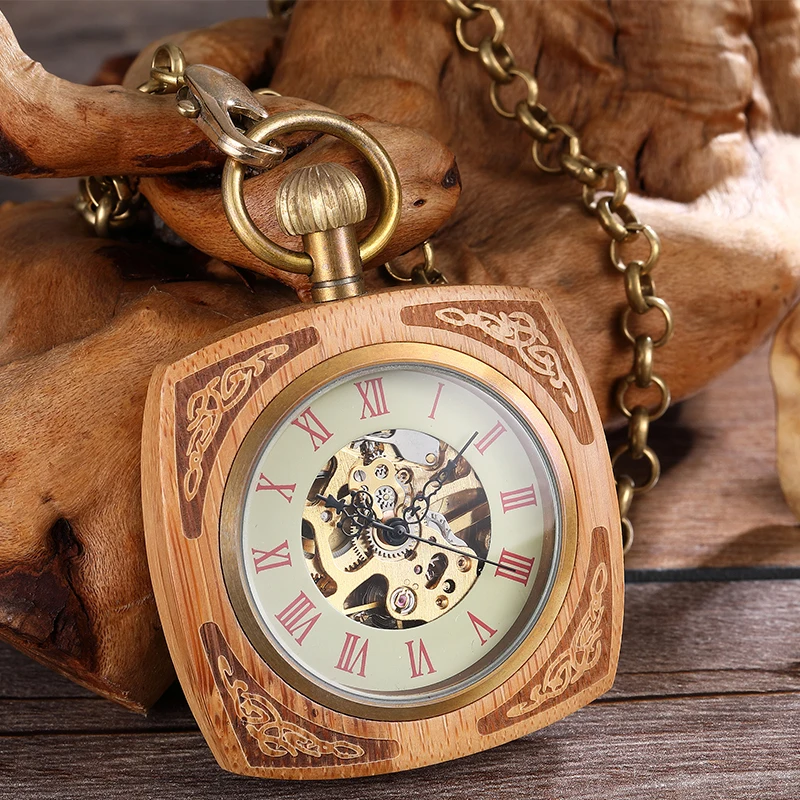 Wooden Mechanical Pocket Watch for Men Antique Golden Square Case Gold Back Laser Engraved Fob Chain Clock Reloj Dropshipping