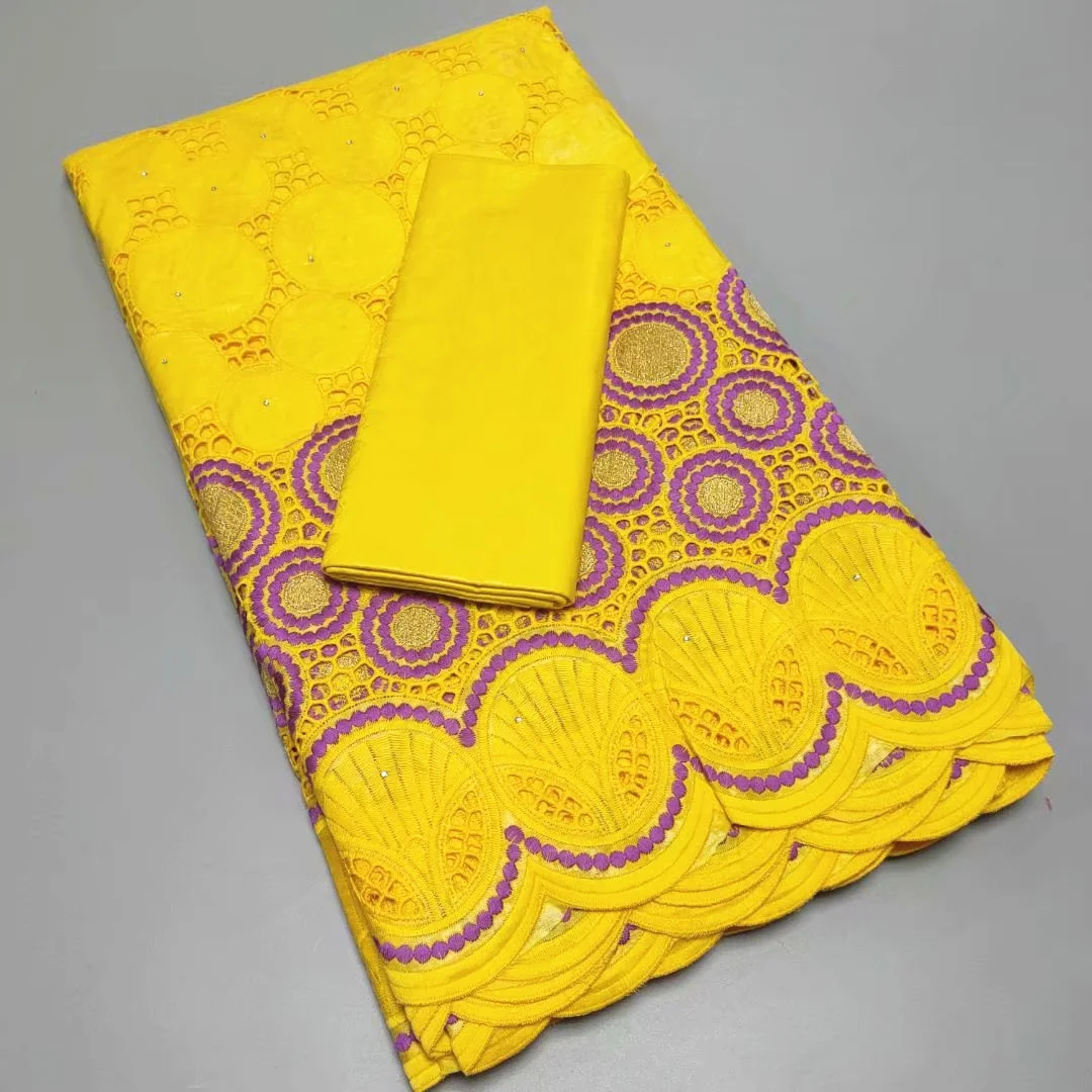 

Yellow 2.5yards +2.5yards 100% Cotton Swiss Lace Embroidered with Bazin Riche Brocade Fabric for Party Dress YT707-2