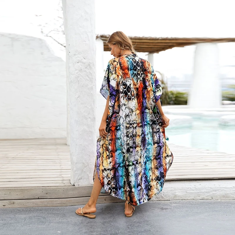 

Women Button Up Loose Beach Shirt Dress Rainbow Tie-Dye Snakeskin Print Swimsuit Cover Up Maxi Long Robe Kaftan Beachwear with