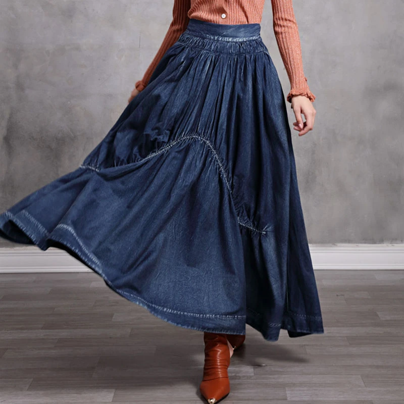 

SeeBeautiful A-line Denim Half-body Skirt Elastic Waist Large Size Pleated Vintage Woman Summer 2022 New Fashion T650