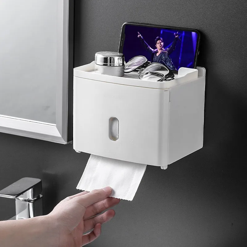 

ABS Toilet Tissue Box Rack Wall-mounted Punch-free Waterproof For Roll Paper Home Tube Pumping Paper Box Shelf Storage Box,1PC