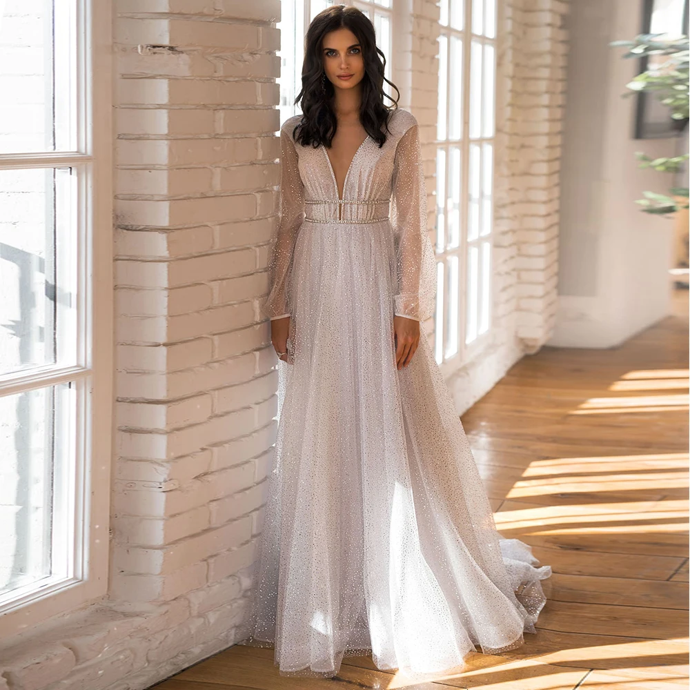 

Elegant Wedding Dresses Netting Pleat V-Neck Full Sleeve Backless A-Line Bridal Gowns With Sashes Flood-Length Sweep Summer