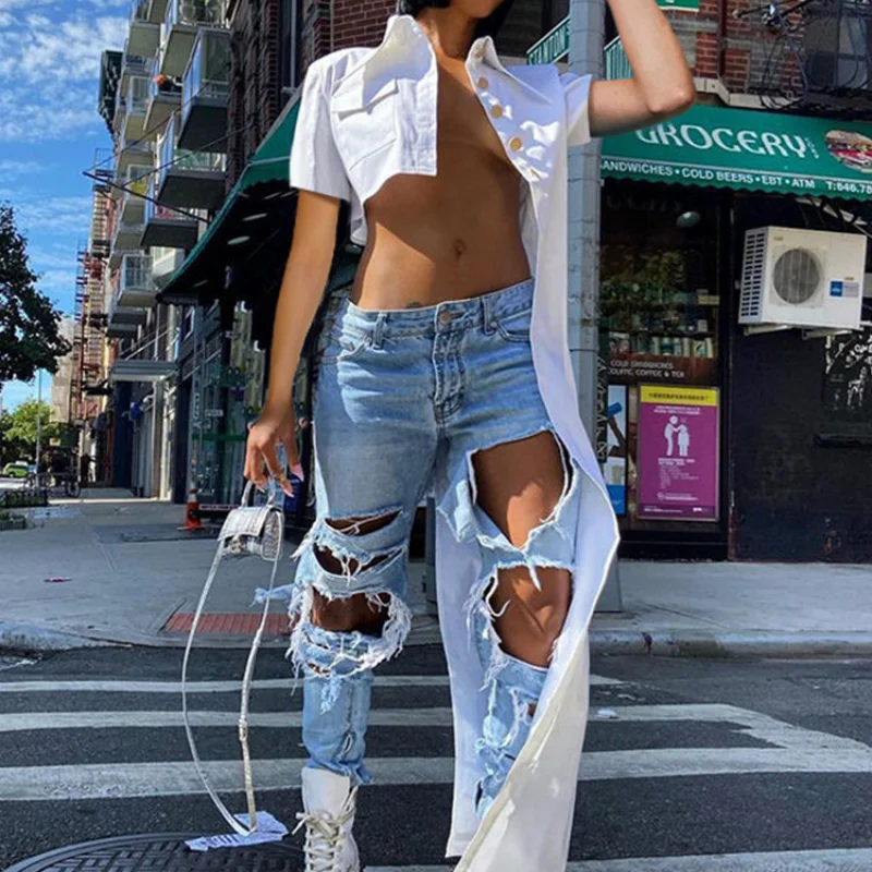 

Sexy Asymmetric Lapel Button Up Short Sleeve Open Waist Summer Cardigans Young Girls Y2k Aesthetic T-shirt Streetwear Tees White