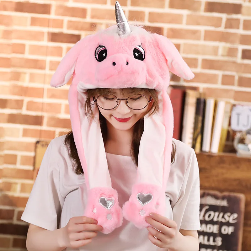 pink unicorn Новая Привлекательная плюшевая шапка с подвижными ушками, забавная игрушка для игр с ушками, кролик, собака, свинья, Подарочная игрушка для детей, девочек - Цвет: pink unicorn