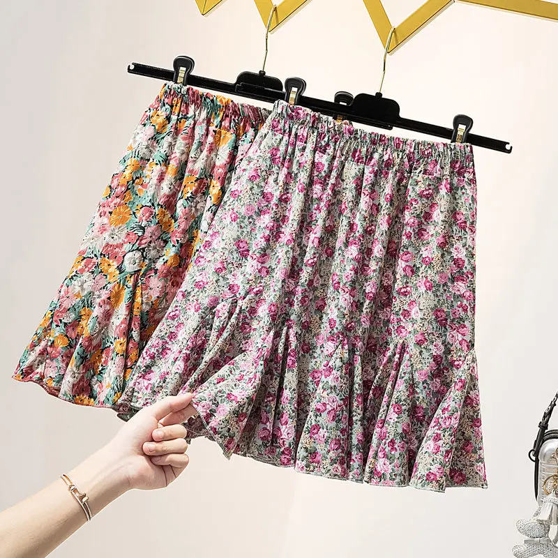 

Korean Elastic Waist Mini Skirts Summer 2021 Plus Size 4XL Women's New Floral Skirt Lotus Leaf Hem Chiffon Short Saias zh555