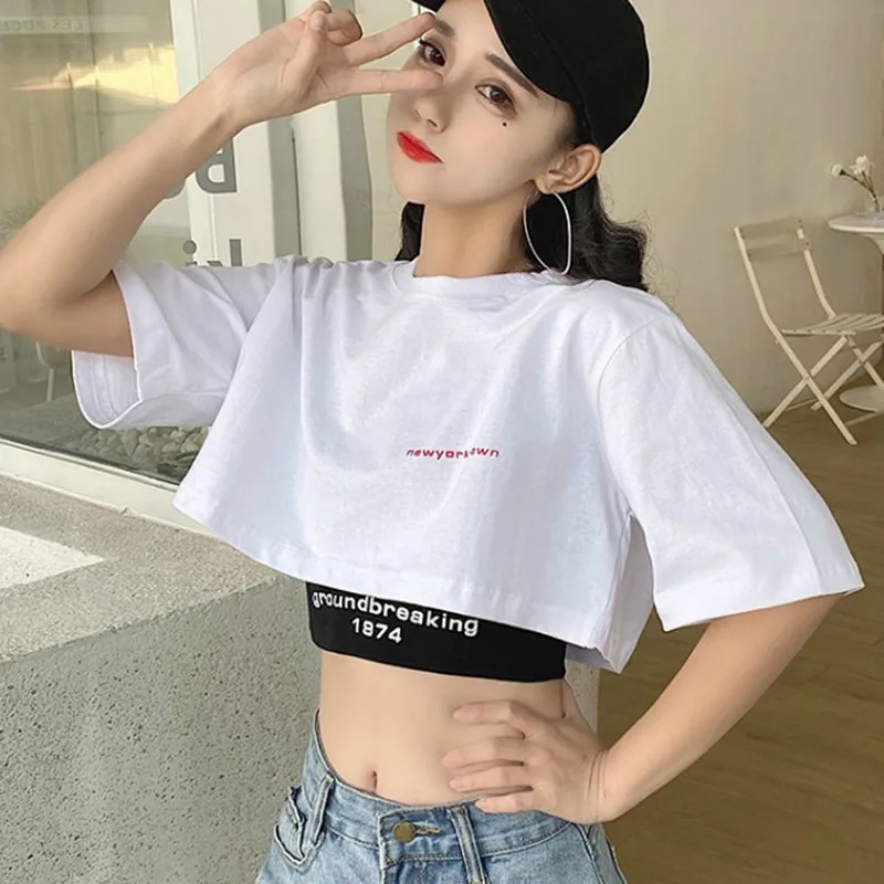 

Summer Fashion Women Lettering Print Short Top Short Style Short Sleeve Top Set for White Top + Black Vest