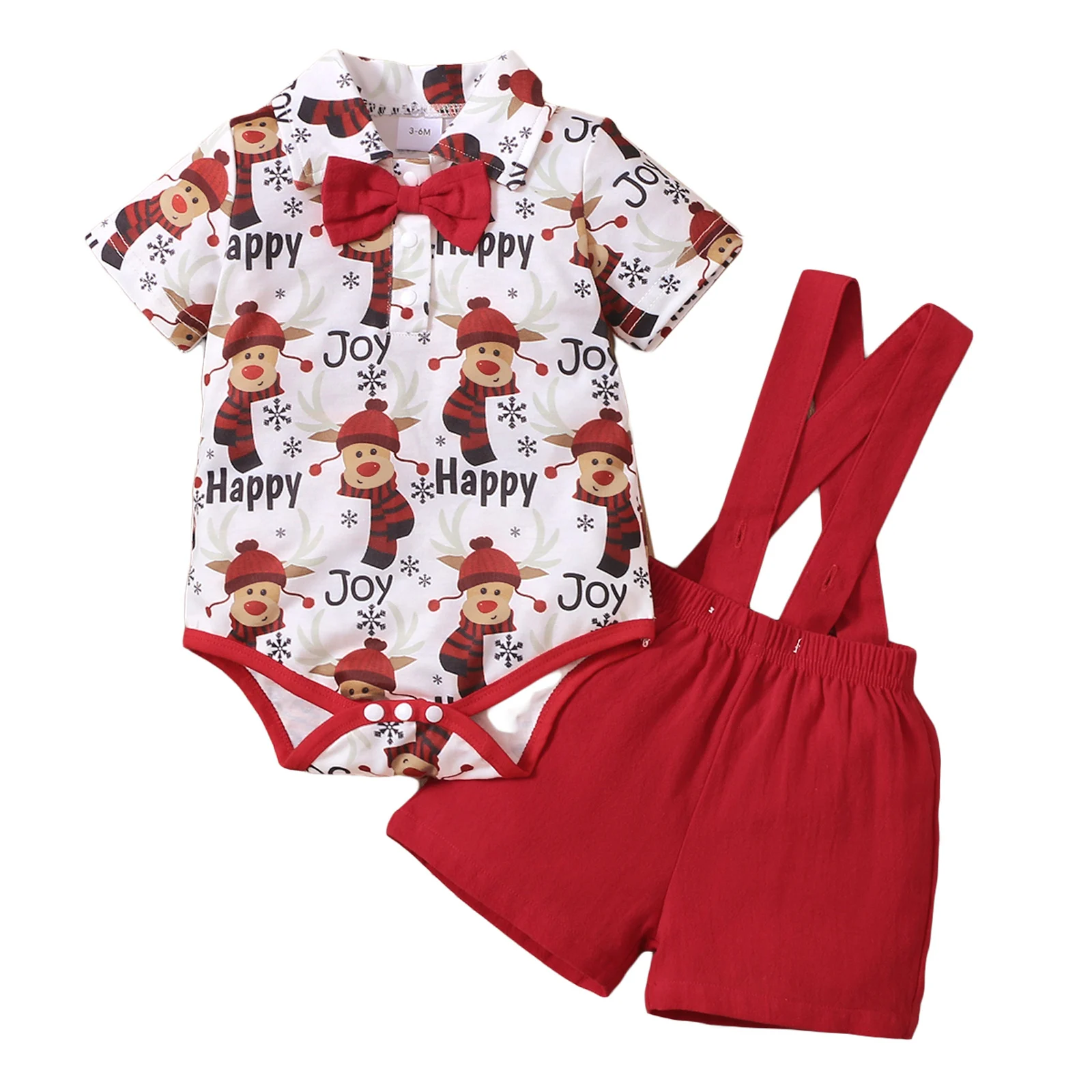 

New 0-18 Months Baby Boys Two-Piece Clothes Set Christmas Printed Pattern Collared Romper And Red Solid Color Suspender Shorts