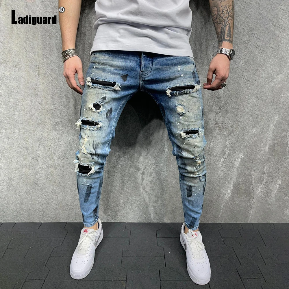 Plus Size Mens Demin Pants Jeans 2023 Summer Hole Ripped Pants Male Zipper Pockets Trouser New Patchwork Hip Hop Leisure Pant