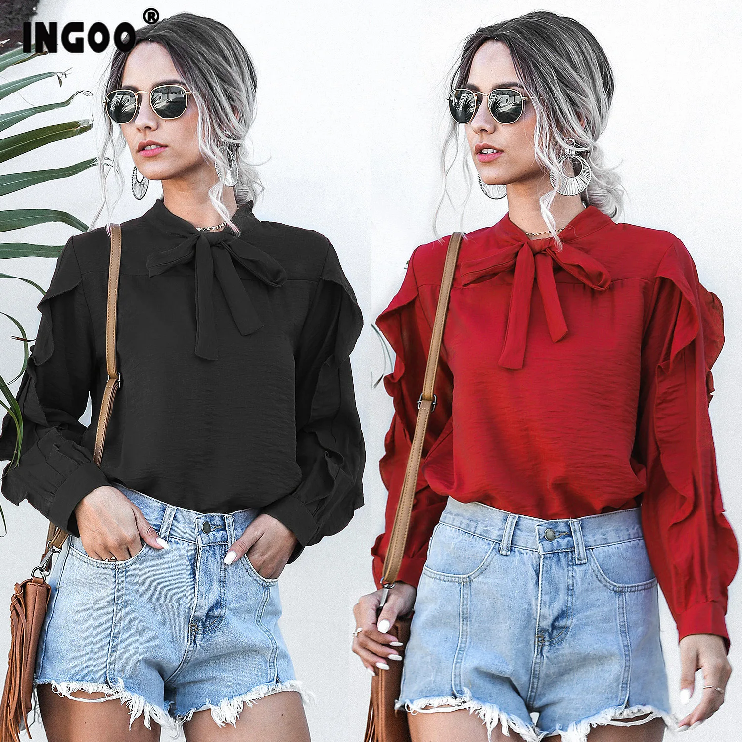 INGOO элегантная шифоновая блузка с бантом и оборками Повседневная винтажная