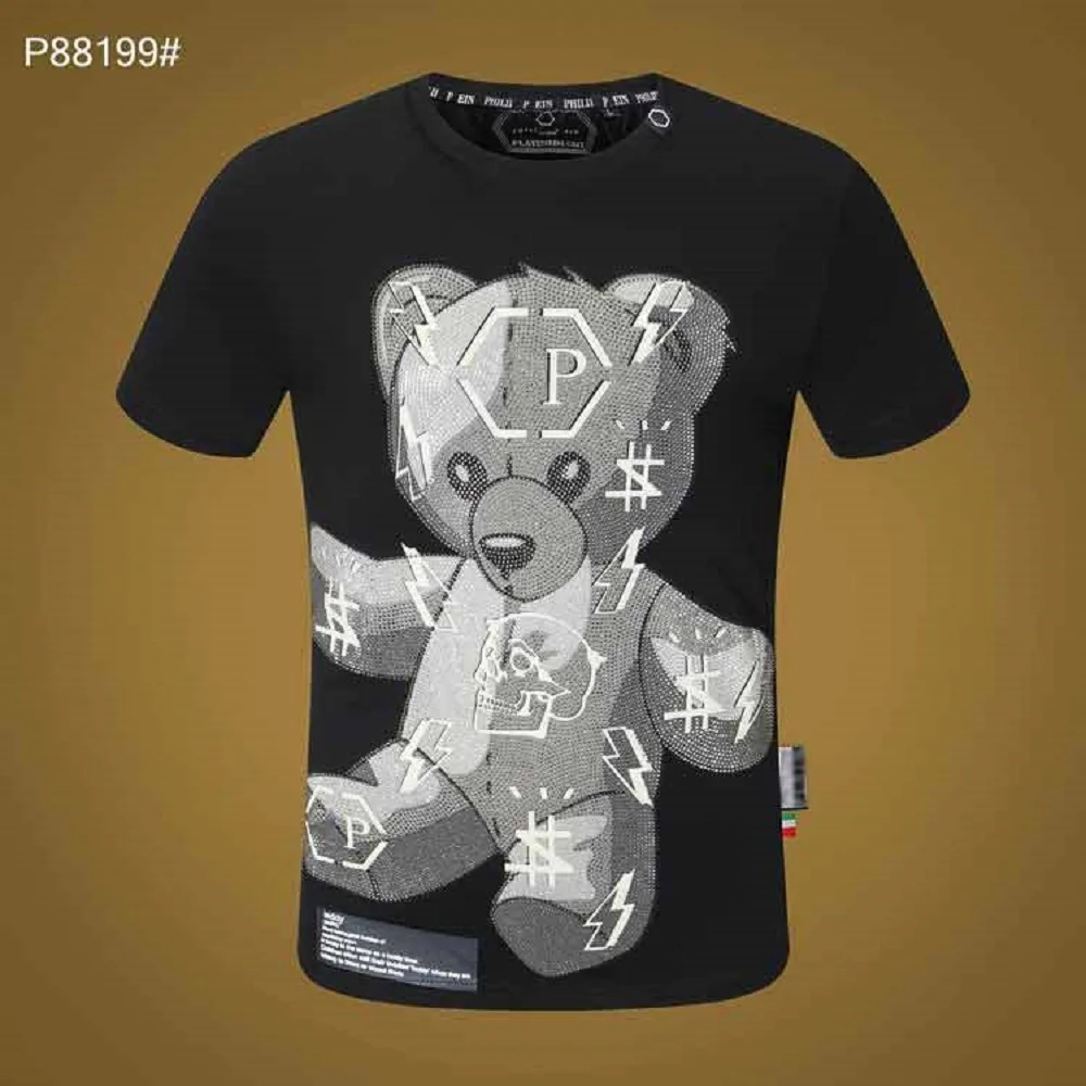 

Plein-Brand Summer Style Tshirt Men PP Teddy Bear Rhinestones T Shirts Casual Short-Sleeved Tees O-Neck Tops Men Clothing