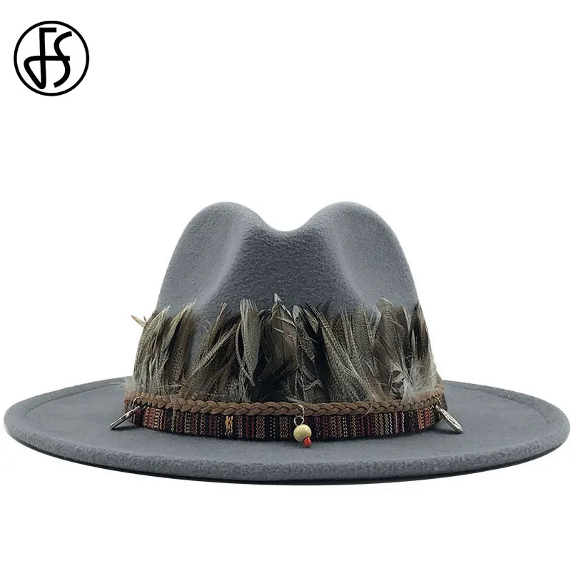 

FS New Wool Fedora Hat Women Men With Feather Winter Autumn Wide Brim Jazz Gentleman Elegant Lady Church Panama Chapeau Femme