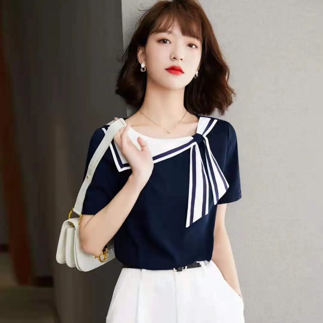 2021 Summer Women Fashion Designers Shirts Navy Collar Short Sleeve Tops For Female Leisure Loose Blouse OL Outfit Garment