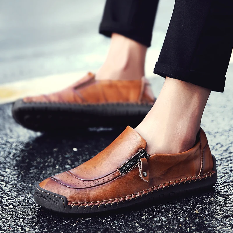 Fshion Men's Leather Casual Shoes Handmade Loafers Vintage Moccasin Slip on Rubber Flats Anti-skid Zip Opening Plus Size 38-48 | Обувь