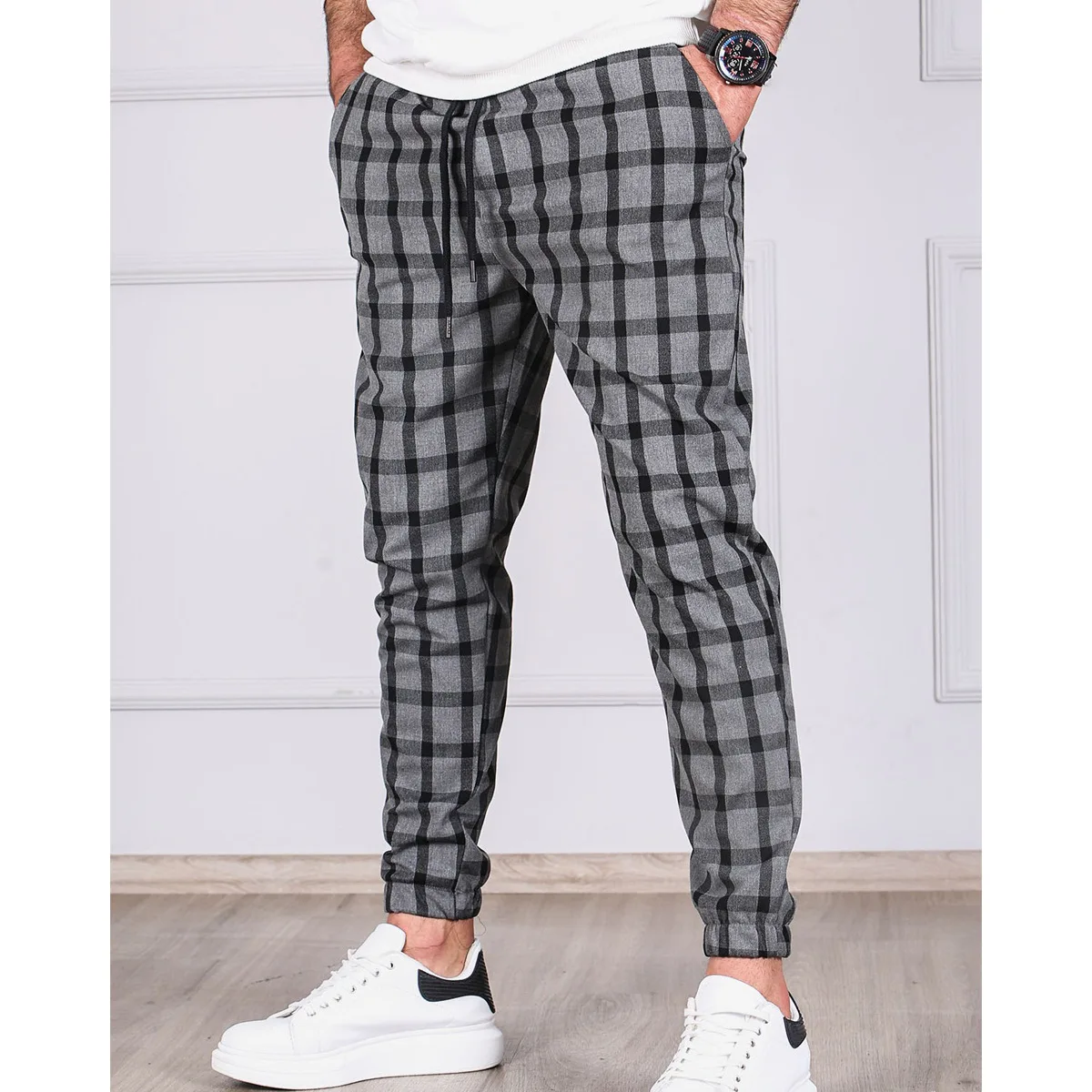 

Trendy Plaid Pencil Pants Mid Waist Thin Korean Style Streetwear Fashion Pants Comfortable Casual Jogger Casual Trousers For Men