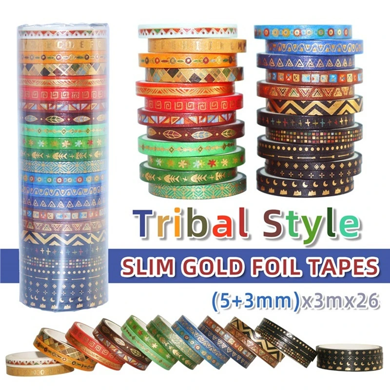 

26pcs Tribal Style Washi Tape Set 5mm 3mm Slim Gold Foil Decorative Adhesive Masking Tapes Stickers Clan Mark Symbol Art F614