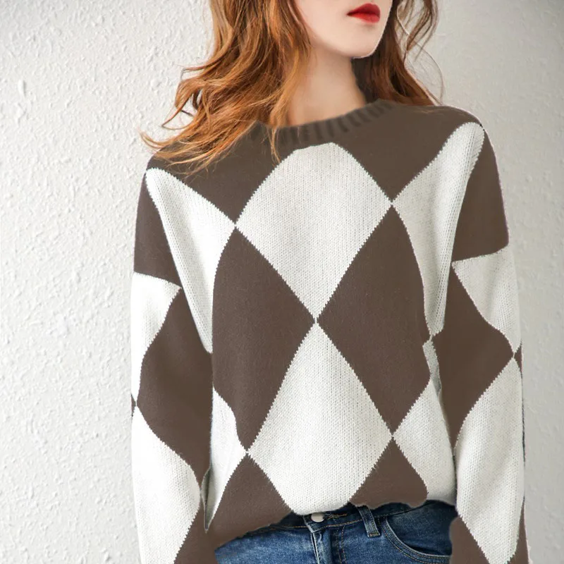 

2020 ZEHANGSEA winter new women's sweater wool blend round neck stitching British style plus size pullover