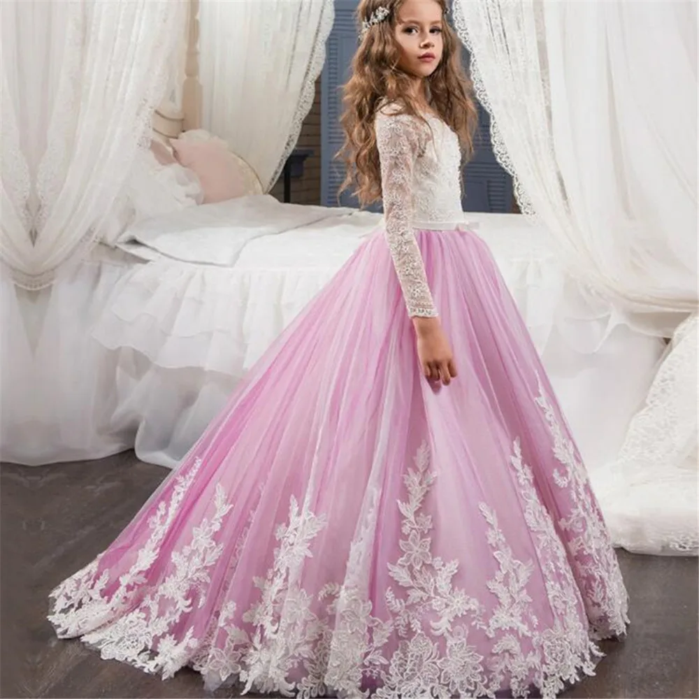 Модные платья для девочек с цветочным рисунком Кружевная аппликация длинными