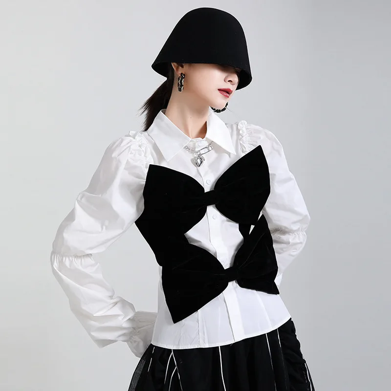 

TVVOVVIN Spring New Stitching Velvet Bow Shirt 2021 Fashion Female Bubble Sleeve Lapel Pleated Slim Blouse 45R5