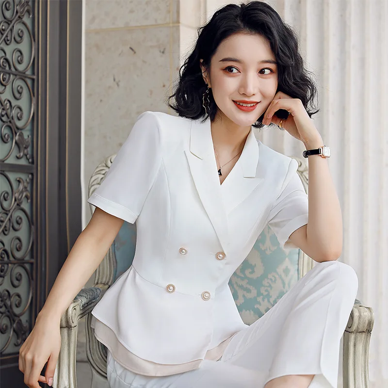 Женский костюм из двух предметов элегантный двубортный жакет с оборками одежда