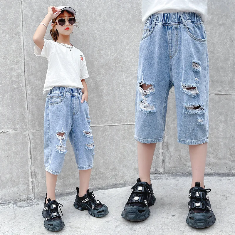

Teen Girls Short Jeans Elastic Waist Summer New Arrivals Fashion Korean Popular Thin Denim Hole Ripped Pants For Kids 3-12 Years