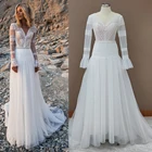 Платье Свадебное в богемном стиле, кружевное прозрачное, с длинным рукавом, с V-образным вырезом, с жемчугом, в стиле бохо, на заказ