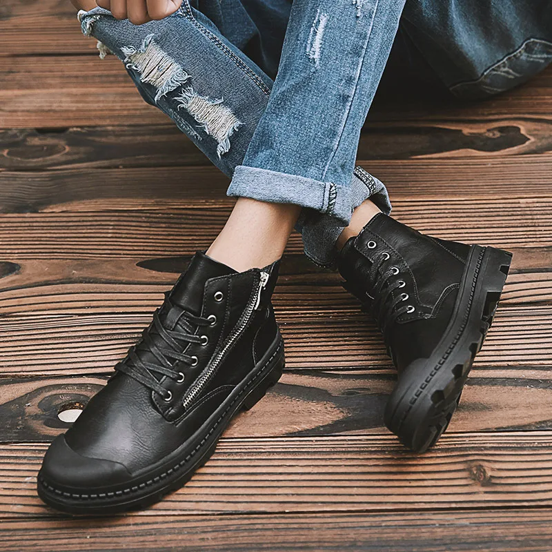 

PU Leather Men Ankle Boots Fashion Snow Boots For Men Zipper Men Boots Man Black Brown Lace Up Shoes For Winter Autumn