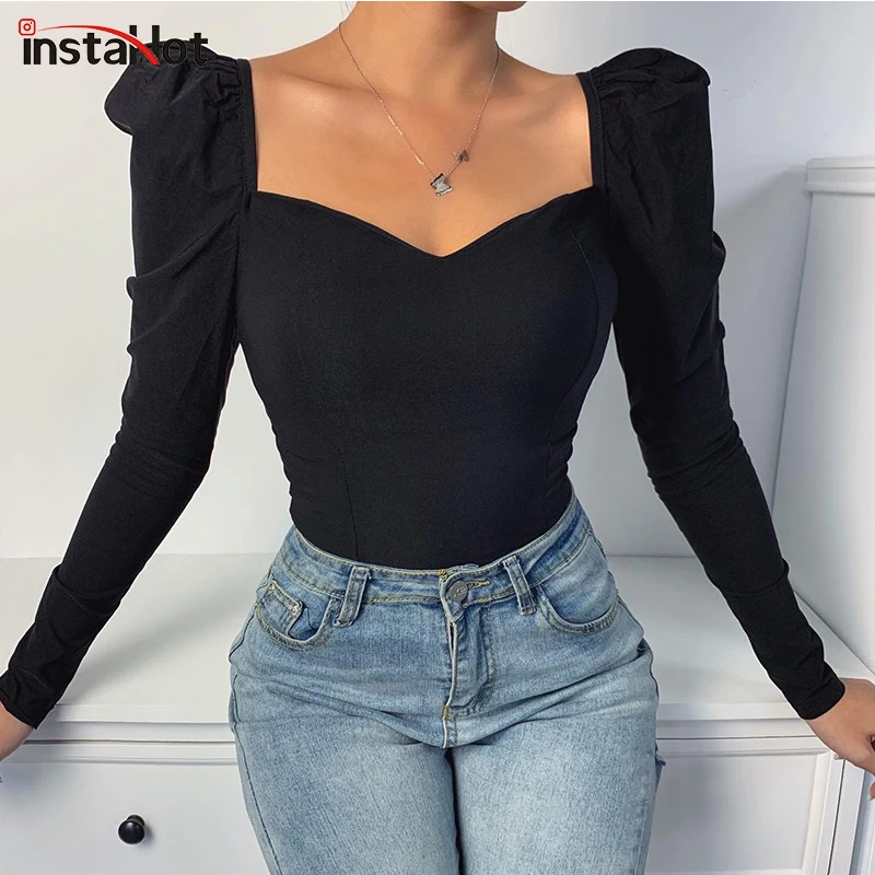 

Блузка женская InstaHot, с пышными рукавами, с квадратным вырезом и длинным рукавом, осенняя, винтажная, 2019
