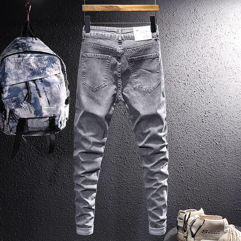 Korean Style Fashion Men Jeans Retro Gray Elastic Simple Casual Denim Pencil Pants Streetwear Spliced Designer Slim Jeans Men
