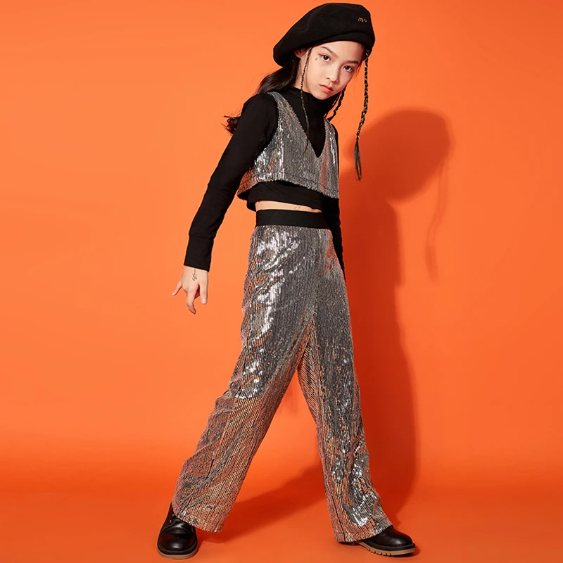 

Kid Hip Hop Clothing Crop Top Long Sleeve Shirt Sequin Tank Top High Waist Streetwear Pants for Girls Jazz Dance Costume Clothes