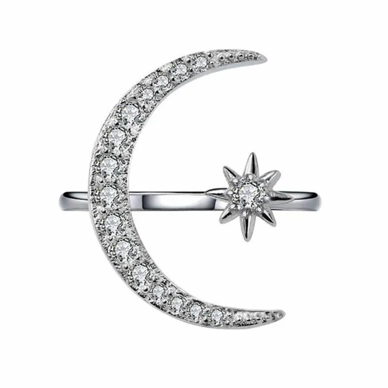 

925 Sterling Silver Star&moon Open Rings for Women Wedding Engagement Bridal Jewelry Elegant Ring Fashion Accessories925