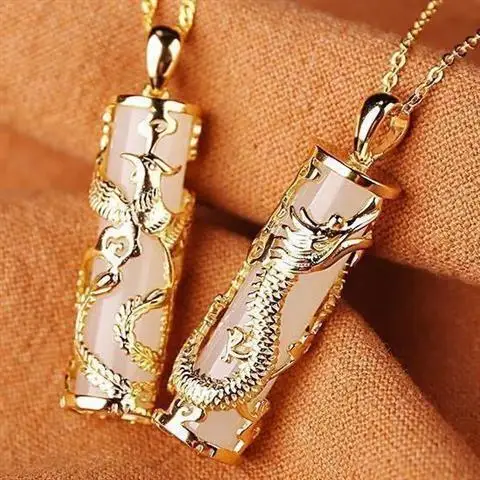 

Natural Jade Hotian Jade Pendant Men and Women Couple's Gold Inlaid White Jade Zodiac Dragon and Phoenix Column Jade Pendant Ha