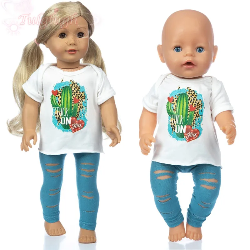 

Футболка С КАКТУСОМ, штаны с дырками, костюм, подходит для 18-дюймовой американской куклы, игрушка для девочек 43 см, одежда для новорожденных ...