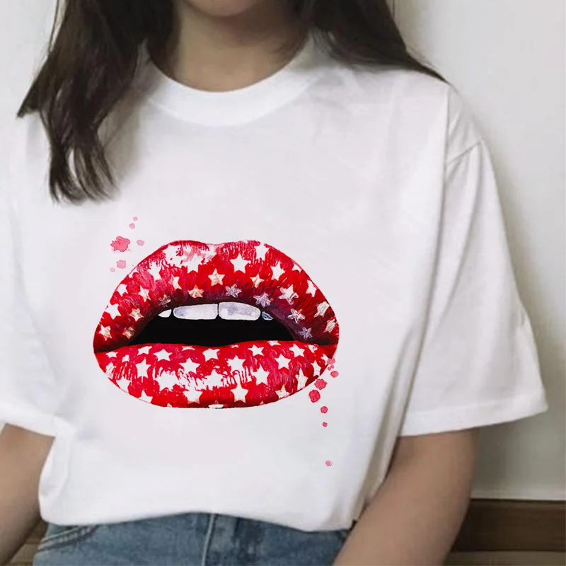 

New for 2021 Sexy Pink Lips Love Pattern Harajuku T shirt Simple Female Leisure Fashion Vouge Tee Top