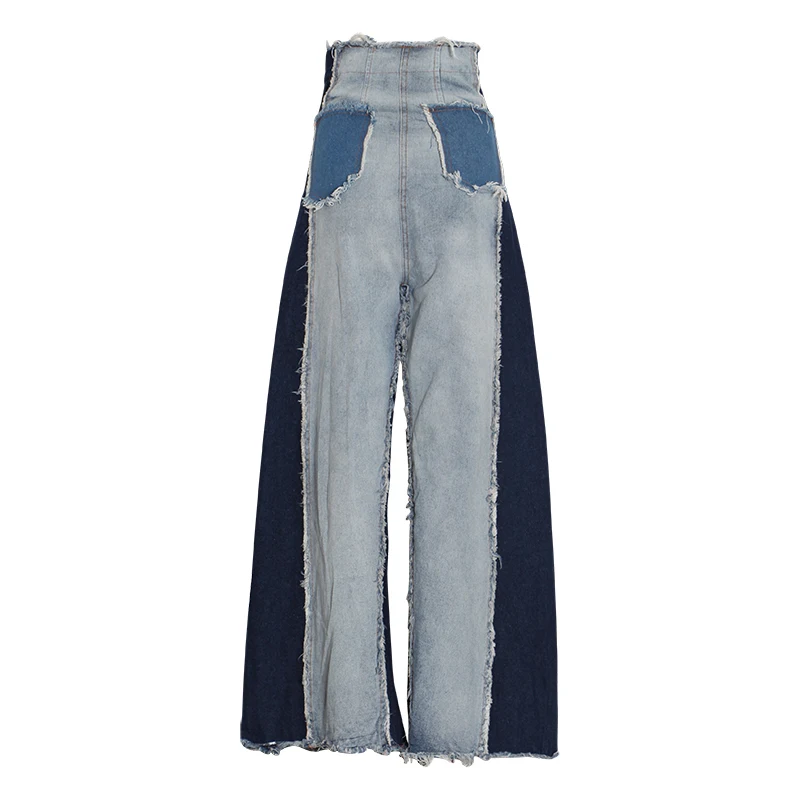 TWOTWINSTYLE Denim Patchwork Trousers Women High Waist Hit Color Large Size Wide Leg Pants Female Fashion Autumn Tide